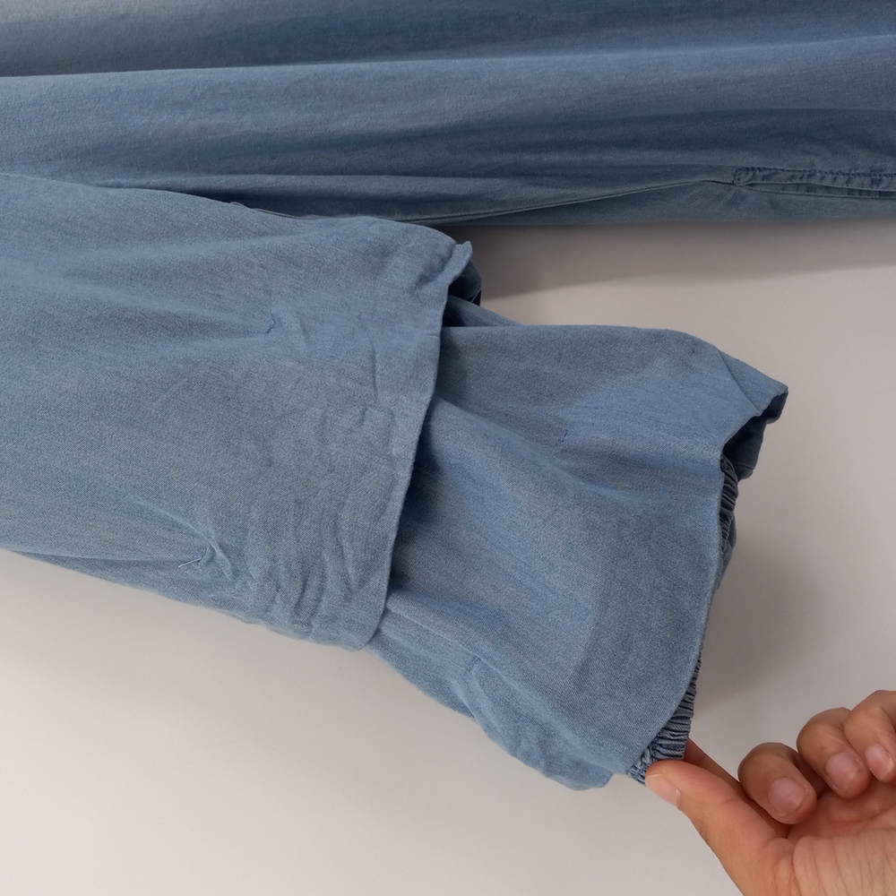 Chambray Ombre Tiered Sleeves Dress Off Shoulder Embroidered Hem by C Est. 1946 - Picture 4 of 10